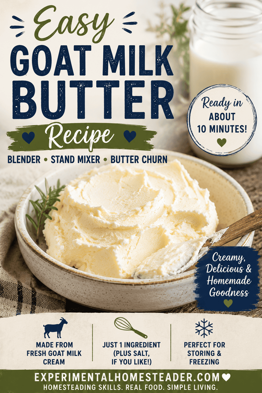 Easy homemade goat milk butter recipe made with fresh goat milk cream using a blender, stand mixer, or butter churn in about 10 minutes.