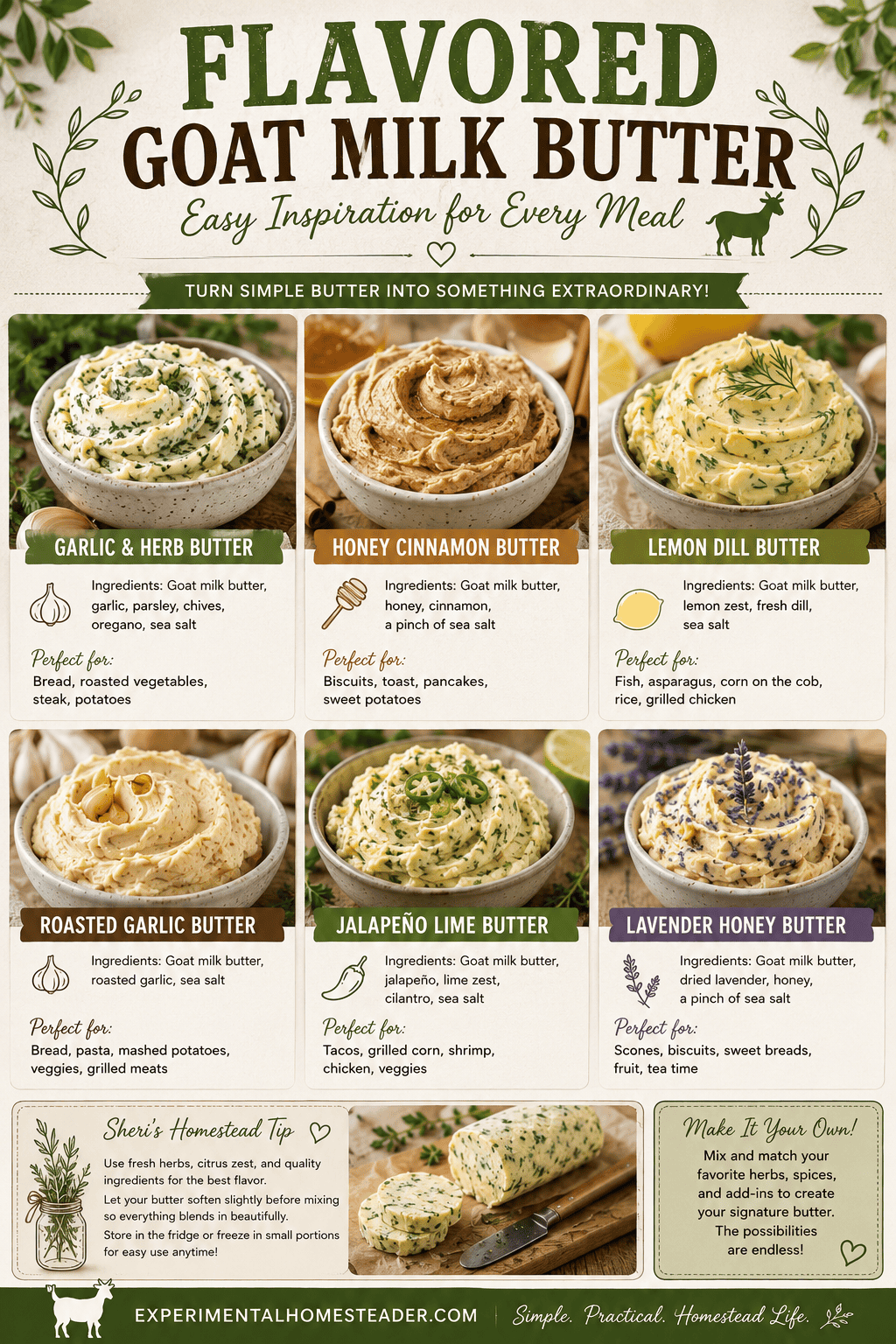 Recipe inspiration board featuring six flavored goat milk butter recipes, including garlic herb, honey cinnamon, lemon dill, roasted garlic, jalapeño lime, and lavender honey.