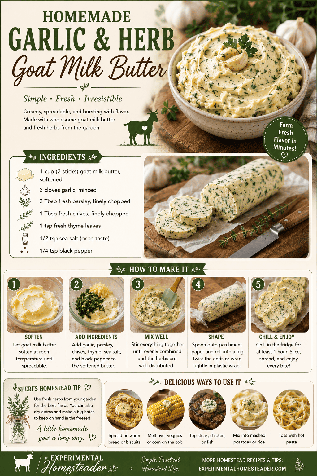 Garlic and herb goat milk butter recipe infographic featuring ingredients, step-by-step instructions, and serving suggestions.
