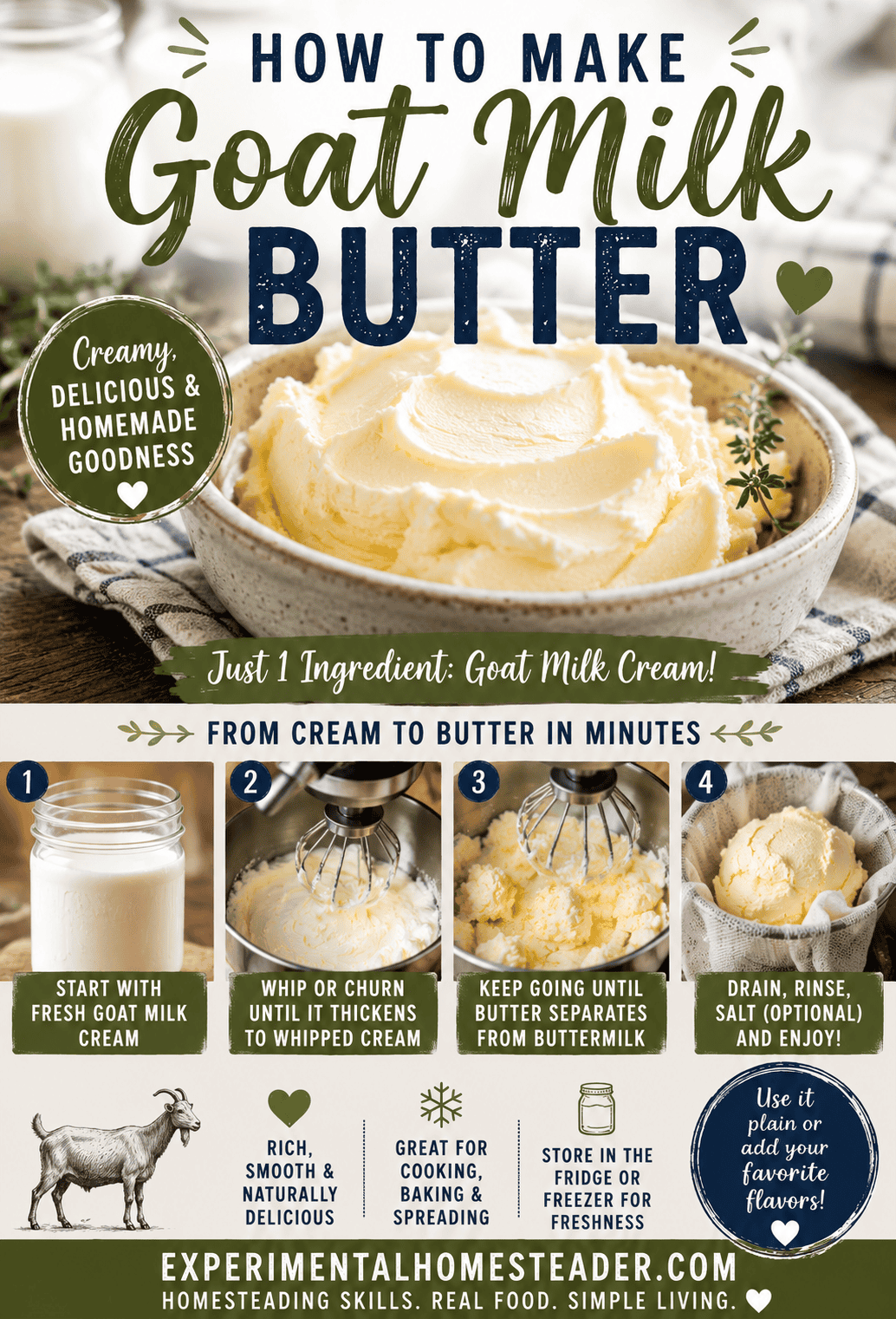Step-by-step guide showing how fresh goat milk cream transforms into homemade butter, from cream to whipped cream, butter, and buttermilk.
