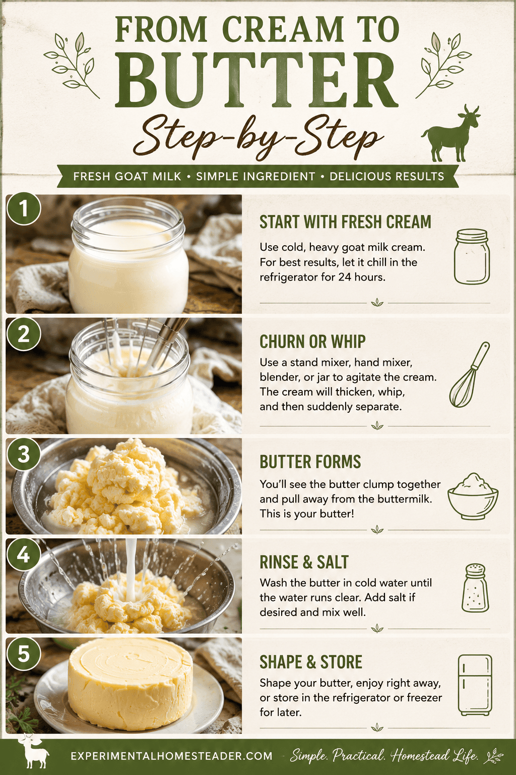 Step-by-step infographic showing how to make homemade goat milk butter from fresh cream using a mixer or butter churn.