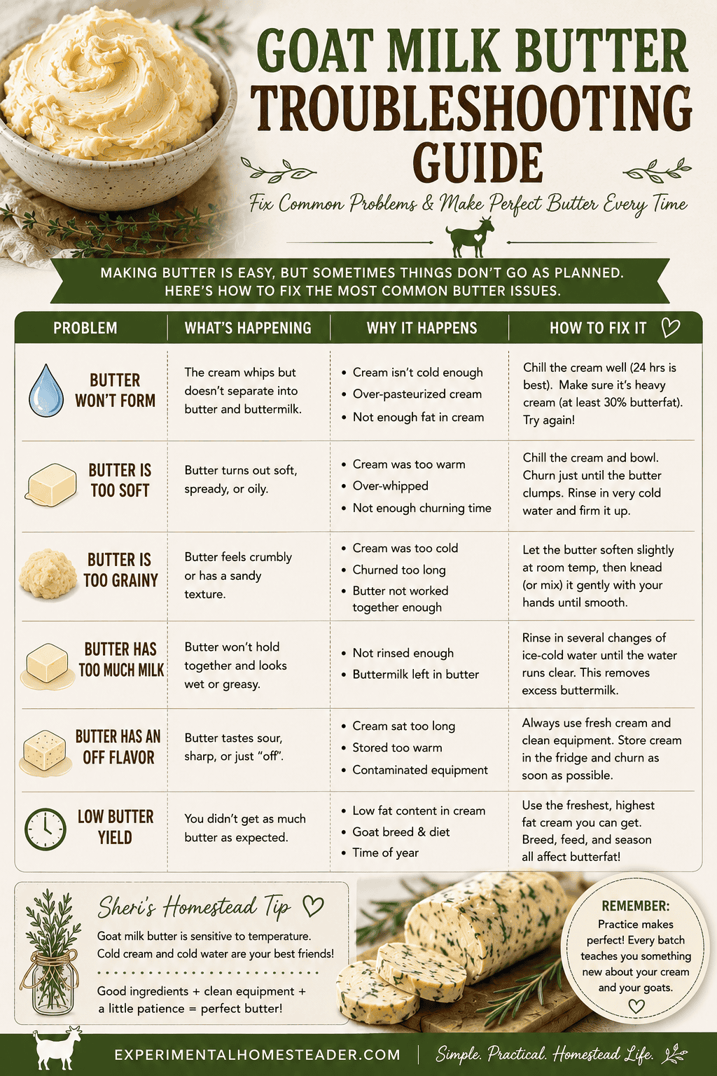 Troubleshooting infographic explaining common goat milk butter problems, including butter that won't form, grainy butter, excess buttermilk, and low butter yield.