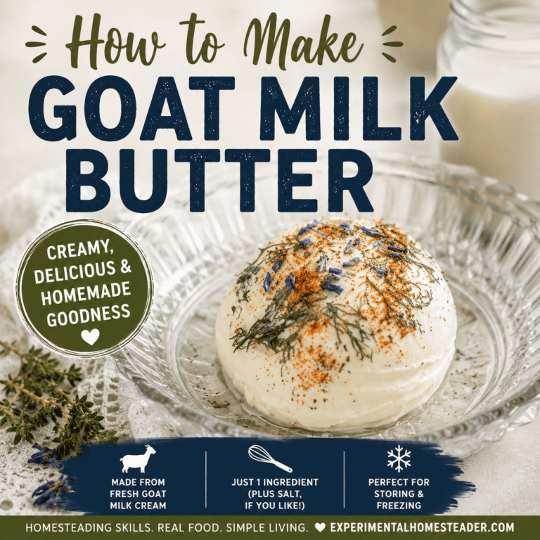 Creamy homemade goat milk butter topped with herbs and spices on a glass serving plate with the title "How to Make Goat Milk Butter" from ExperimentalHomesteader.com.