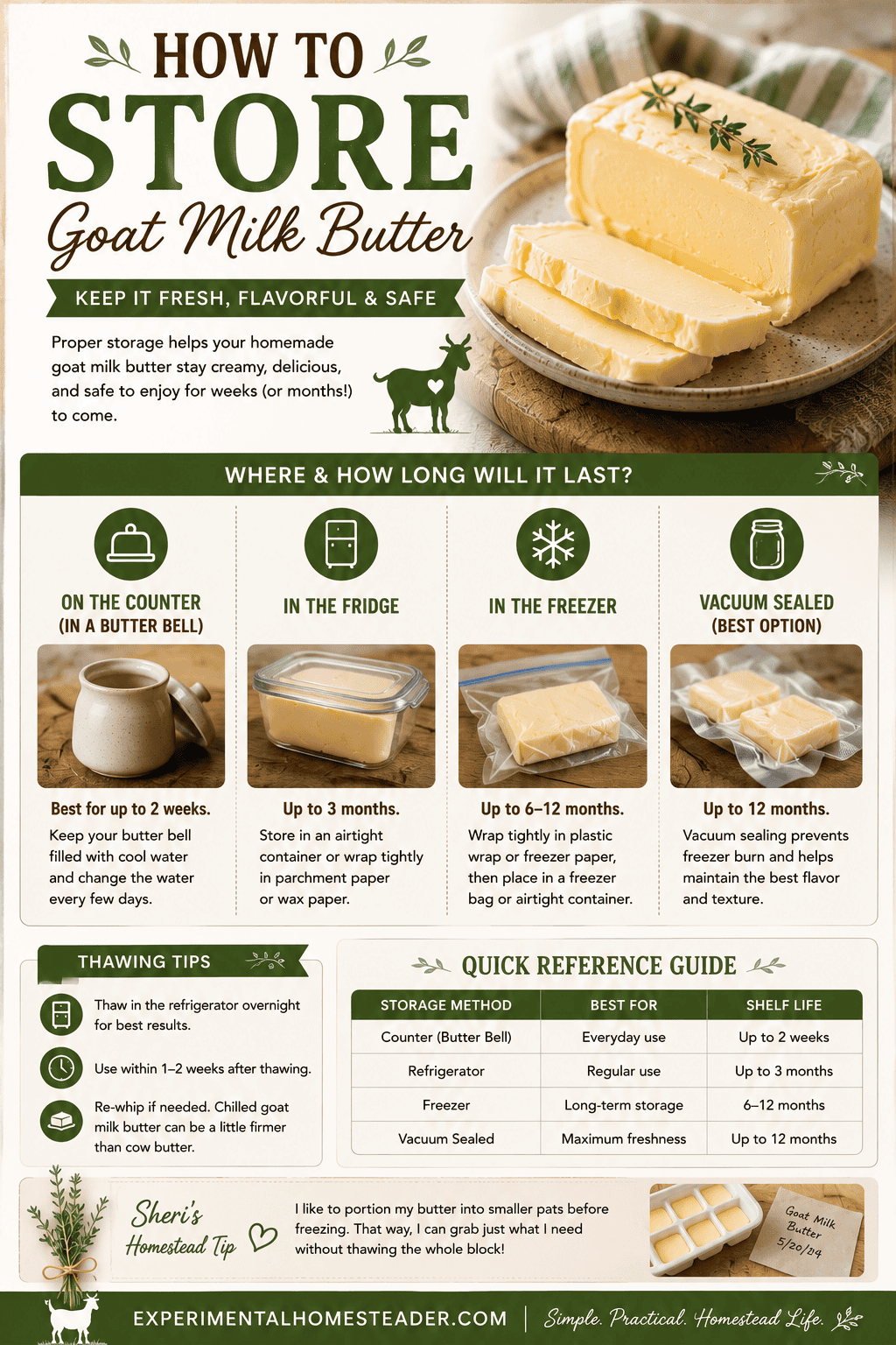 Infographic showing the best ways to store homemade goat milk butter in the refrigerator, freezer, butter bell, and vacuum-sealed bags.
