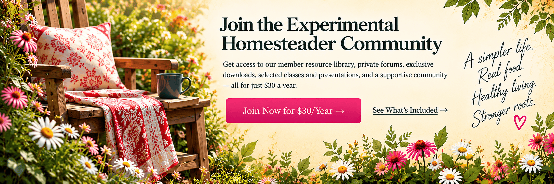 Inviting farmhouse garden seating scene for the Experimental Homesteader membership and private homesteading community.