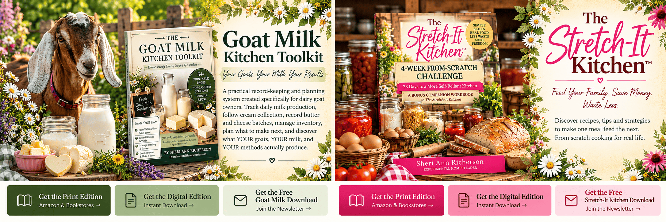 Goat Milk Kitchen Toolkit and Stretch-It Kitchen resources by Sheri Ann Richerson for tracking home dairy production and making the most of a from-scratch homestead kitchen.
