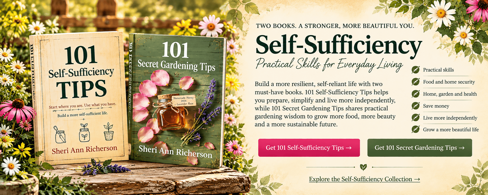 101 Self-Sufficiency Tips and 101 Secret Gardening Tips books by Sheri Ann Richerson featured together as practical resources for more self-sufficient living.
