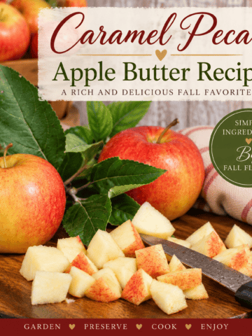 Fresh apples and chopped apples on a wooden cutting board for making caramel pecan apple butter.
