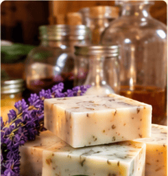 Handmade lavender soap bars beside glass bottles on a rustic table
