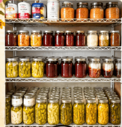 Shelves filled with home-canned fruits, vegetables and pantry staples