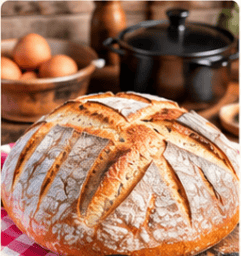 Fresh artisan bread with eggs and cast-iron cookware in a homestead kitchen