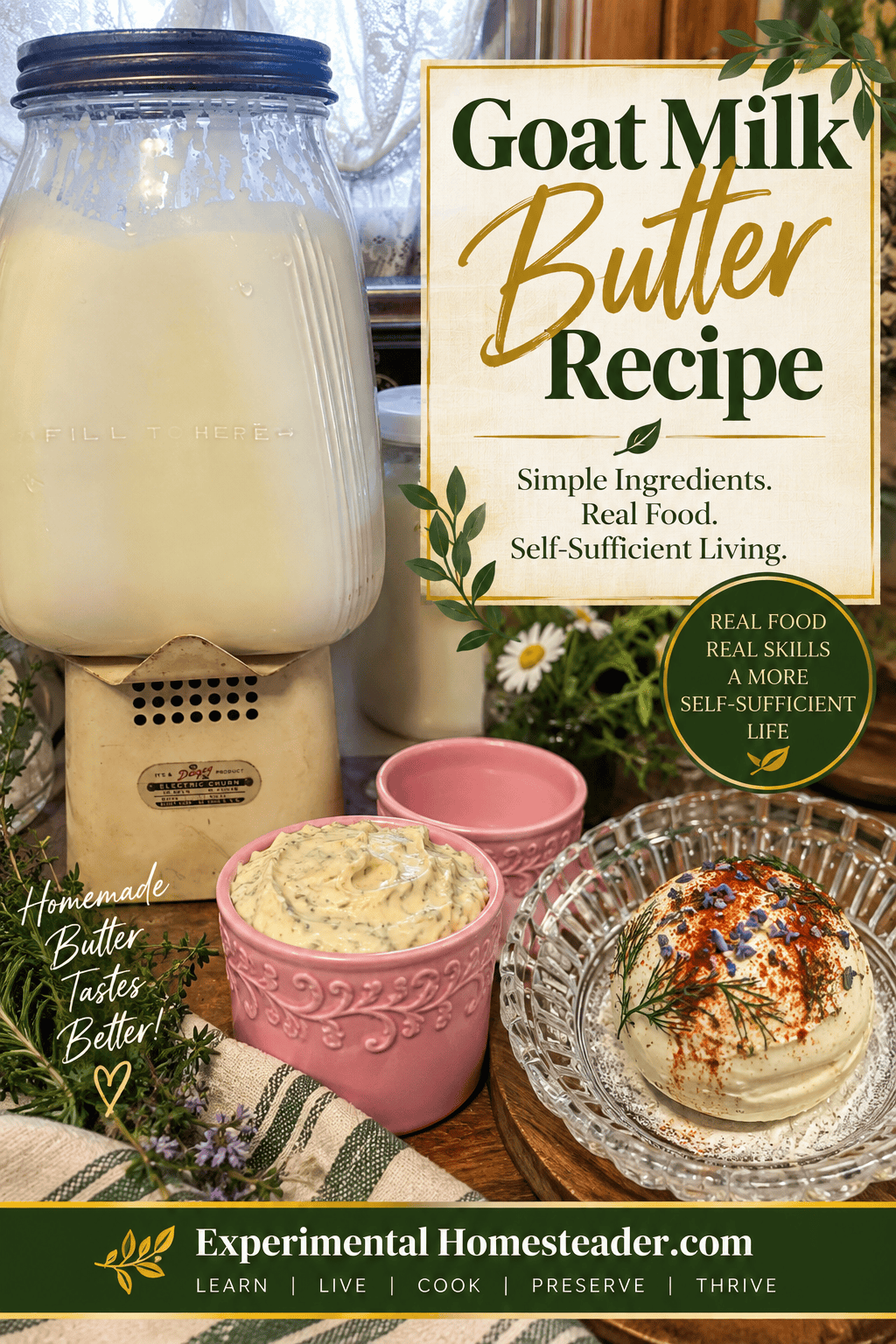 Antique electric butter churn, pink butter bell and homemade goat milk butter.