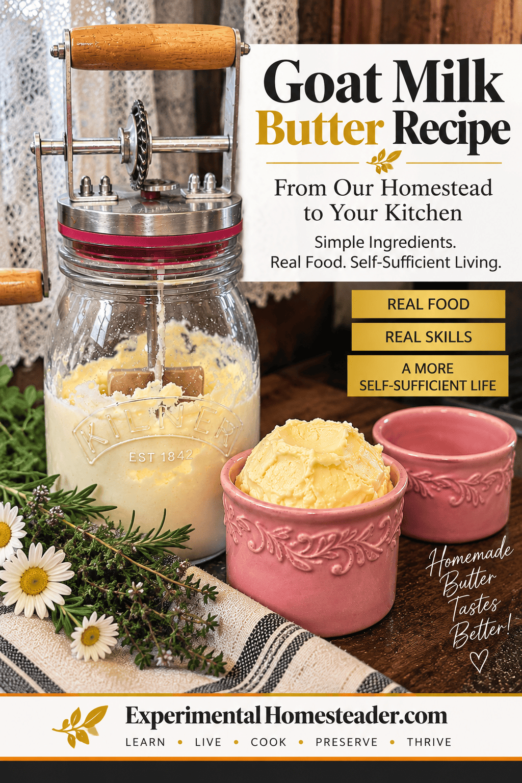 Goat milk butter recipe with a butter churn and butter bell in a homestead kitchen.