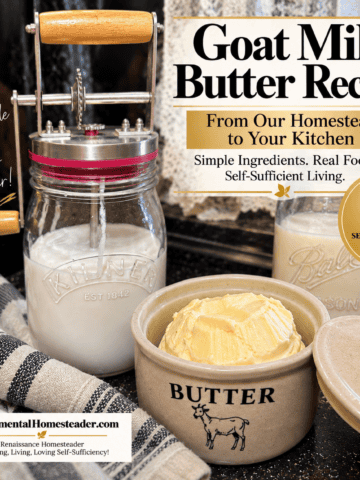 Goat milk butter recipe with a butter churn and homemade butter in a butter bell.