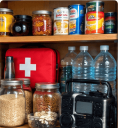 Emergency preparedness shelf with first aid kit, water, radio and pantry supplies
