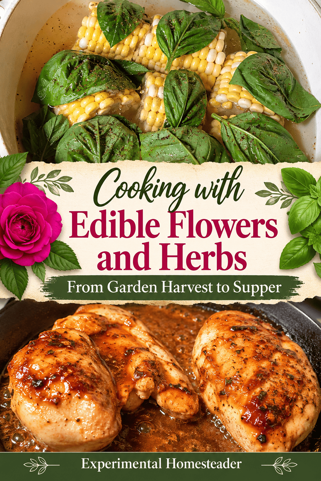 Pinterest graphic featuring chicken and corn recipes in a guide to cooking with edible flowers and herbs