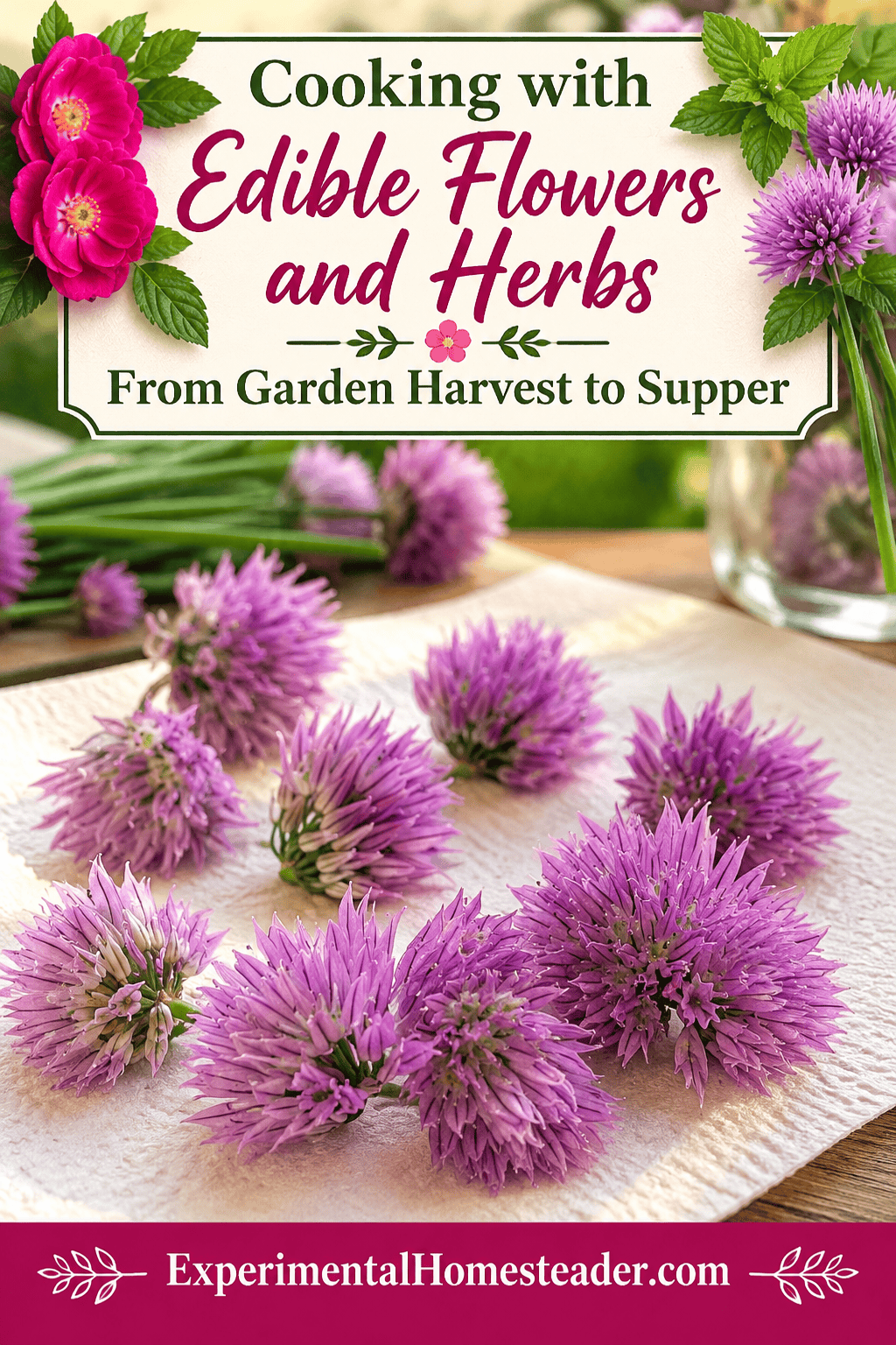 Pinterest graphic showing chive blossoms drying for Cooking with Edible Flowers and Herbs on Experimental Homesteader