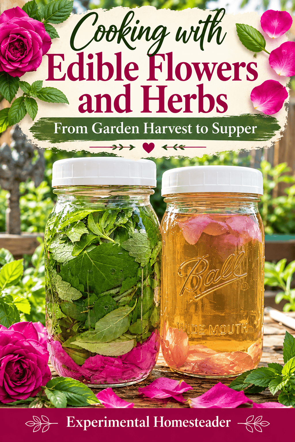 Pinterest graphic featuring homemade sun tea with fresh herbs and edible flowers in a glass jar