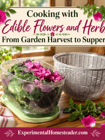 Pinterest graphic featuring a garden-to-table edible flower and herb salad in a container next to a salad spinner
