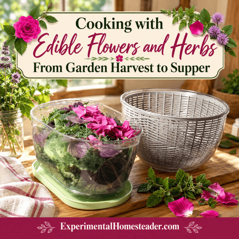Pinterest graphic featuring a garden-to-table edible flower and herb salad in a container next to a salad spinner