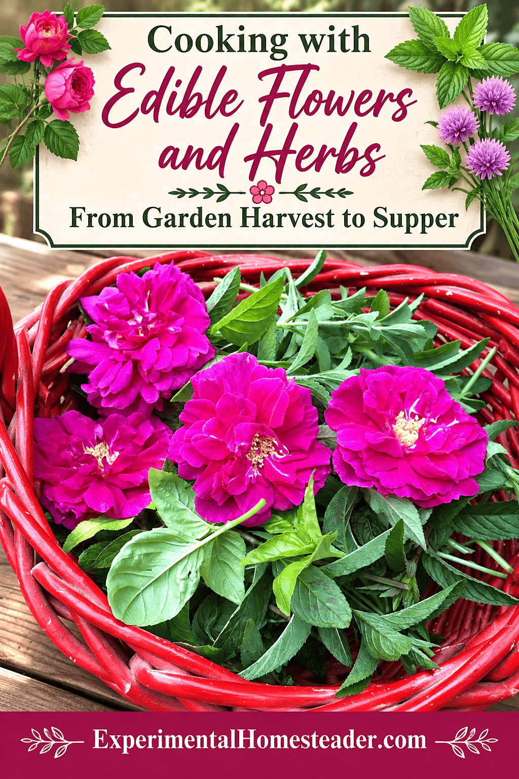 Pinterest graphic about harvesting edible flowers and fresh herbs showing rose petals and herbs in a red wicker basket