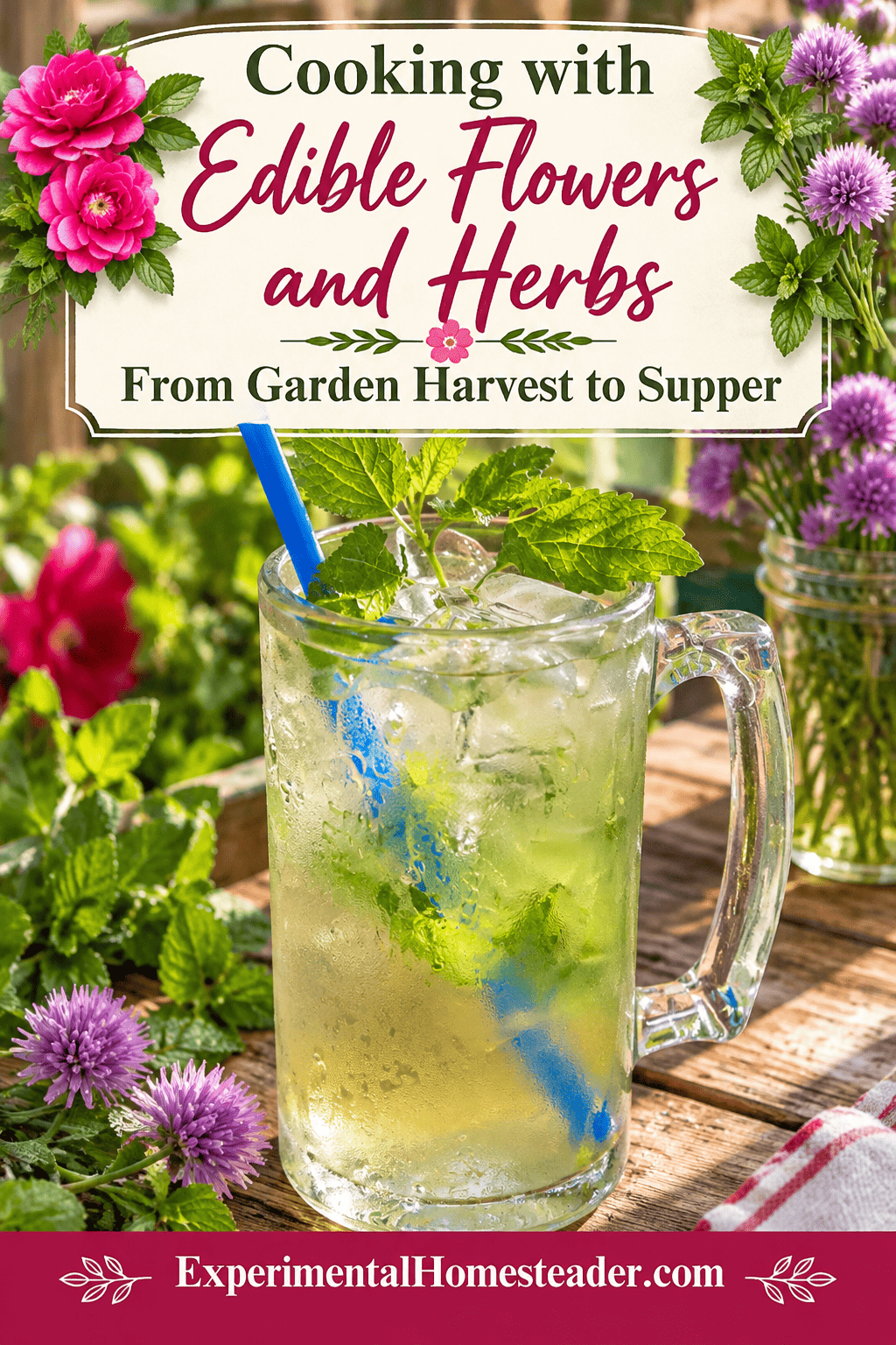 Pinterest graphic about a refreshing drink made with edible flowers and herbs