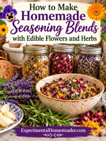 Homemade seasoning blends with dried herbs, edible flowers and spices, featured image for Experimental Homesteader.