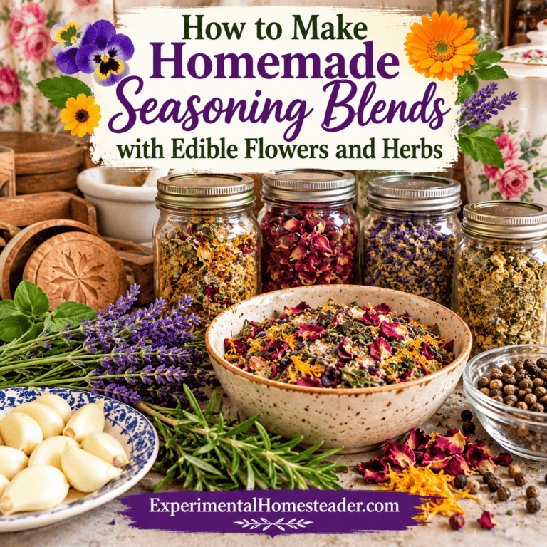 Homemade seasoning blends with dried herbs, edible flowers and spices, featured image for Experimental Homesteader.