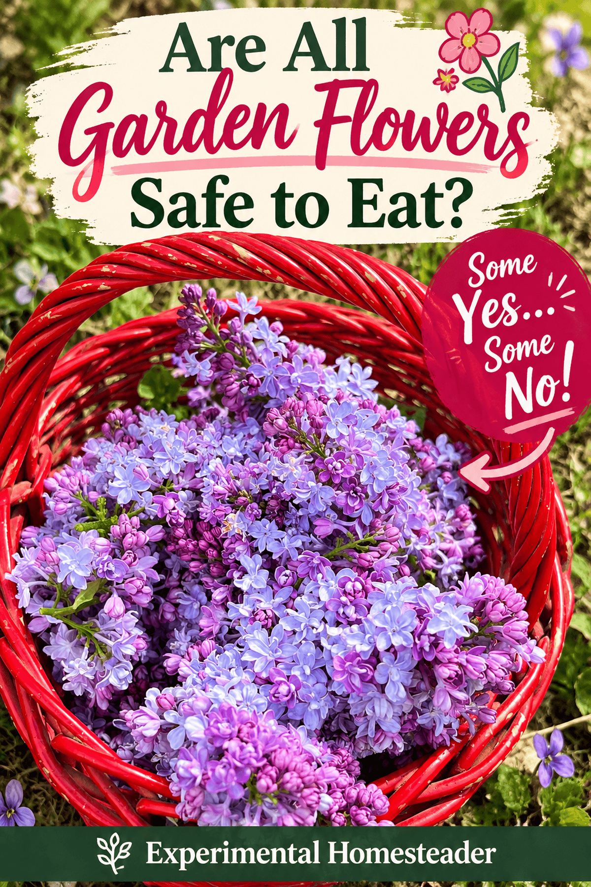 Purple lilac blossoms in a red harvest basket with a question about edible flower safety.