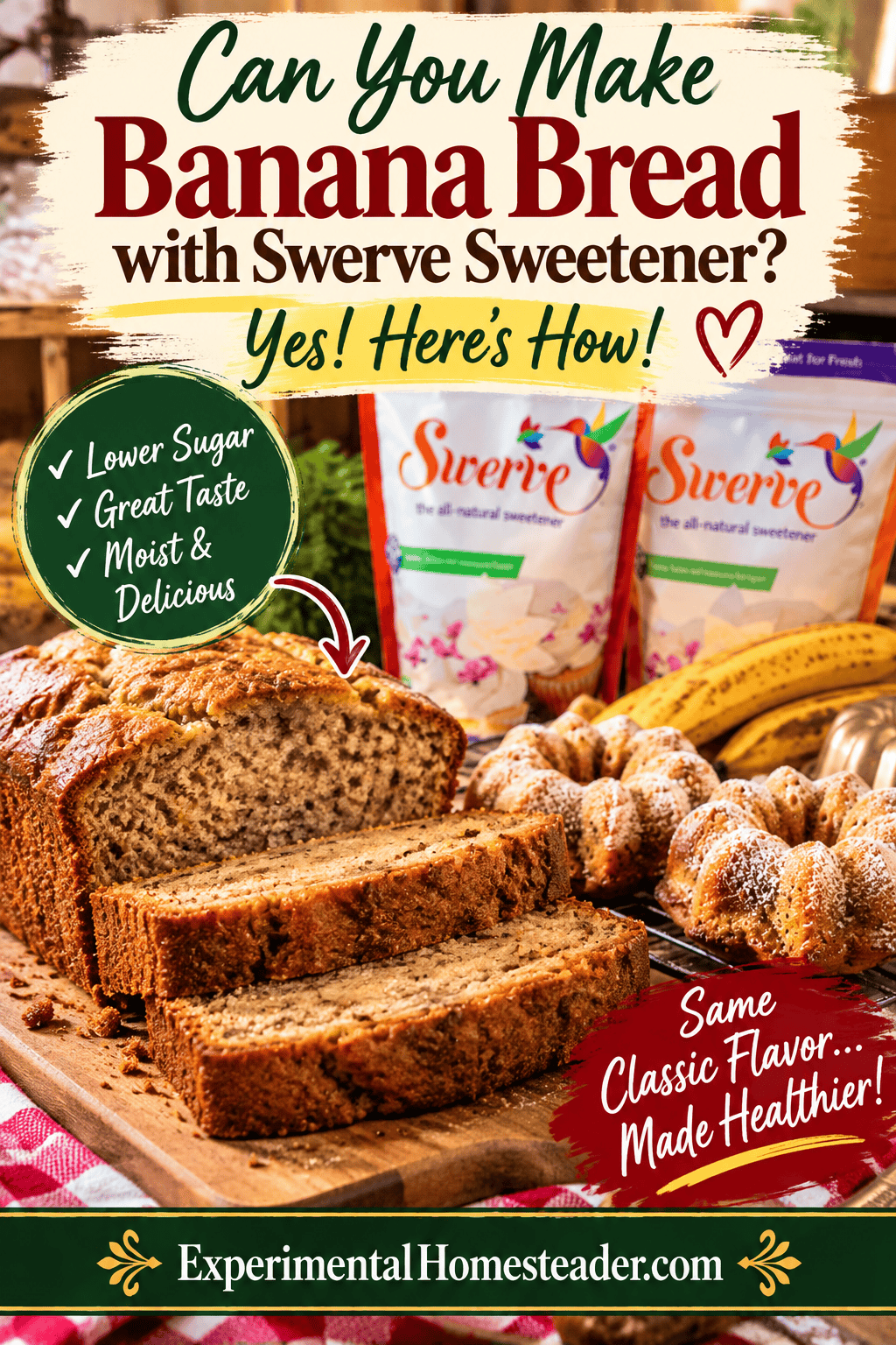 Homemade banana bread made with Swerve sweetener, including decorative molded mini banana breads; curiosity pinterest pin