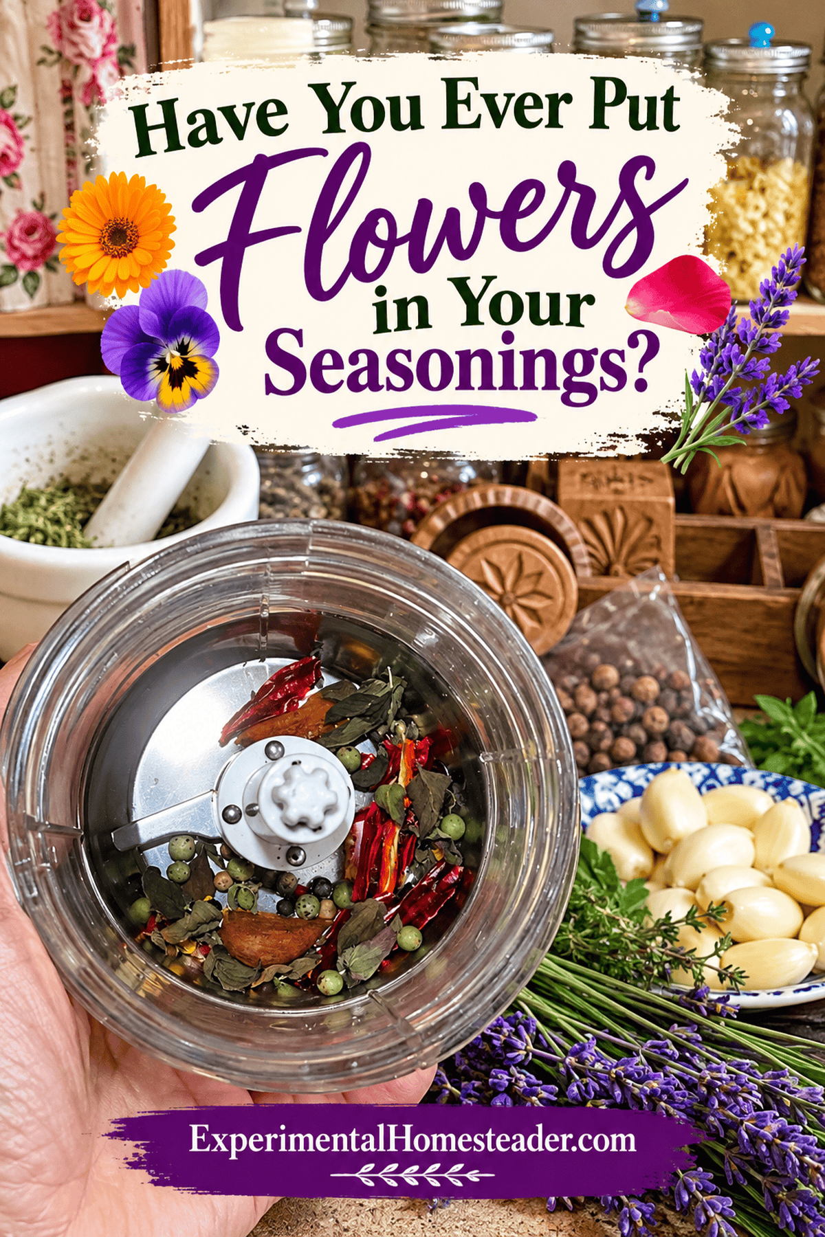 Pinterest curiosity pin asking whether edible flowers can be added to homemade seasoning blends, with herbs and spices.