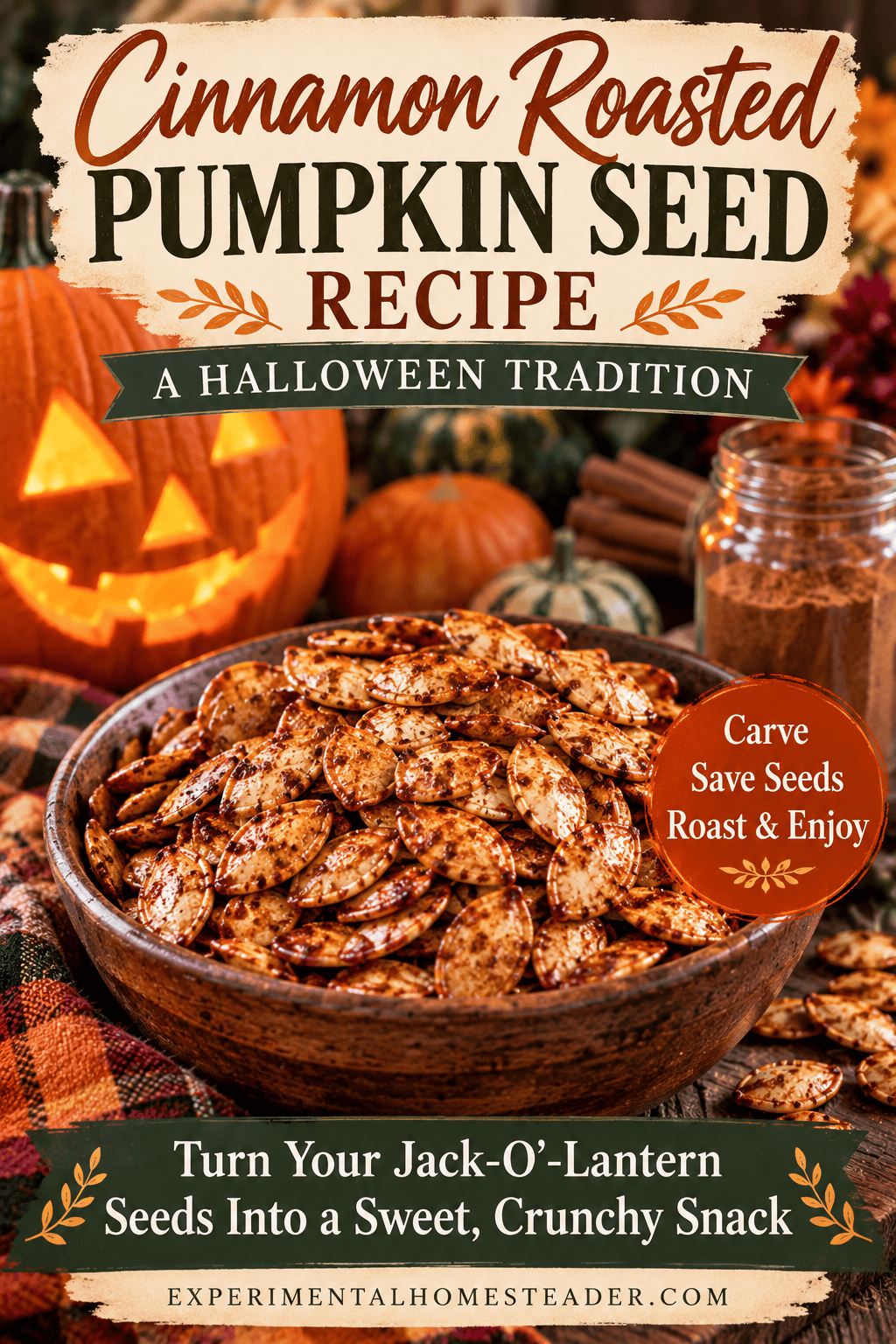Cinnamon roasted pumpkin seed recipe with a bowl of seasoned pumpkin seeds and Halloween pumpkins.