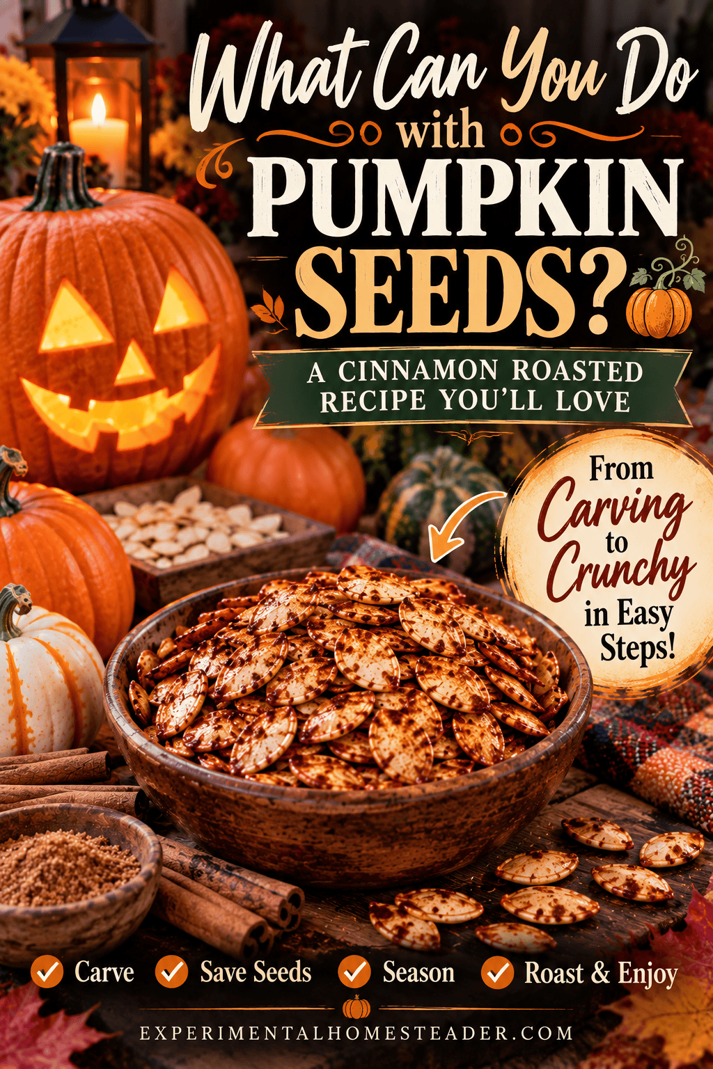Roasted pumpkin seeds with Halloween pumpkins and text asking what you can do with pumpkin seeds.