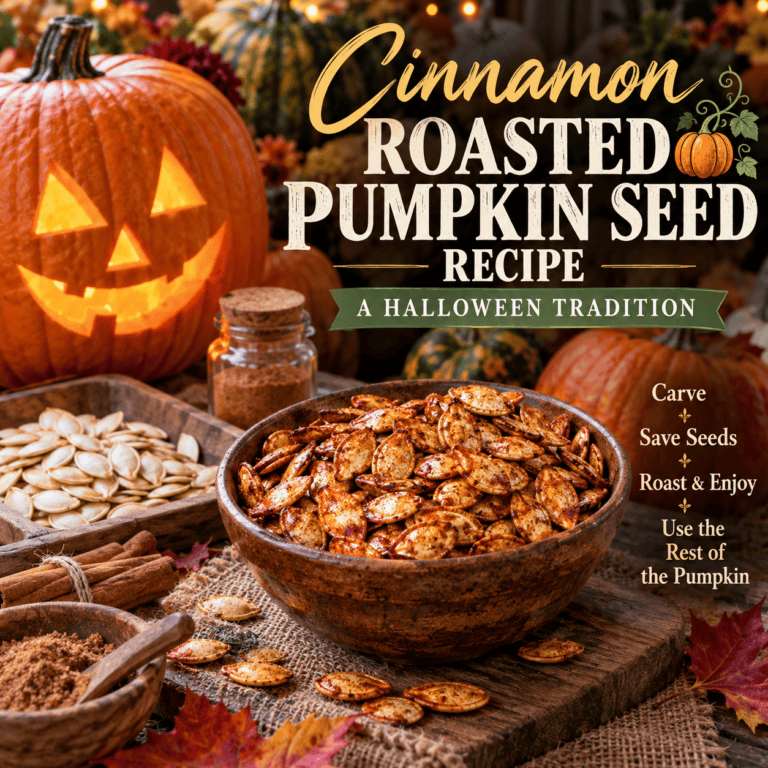 Cinnamon roasted pumpkin seeds with pumpkins and a glowing jack-o'-lantern for a Halloween homestead tradition.