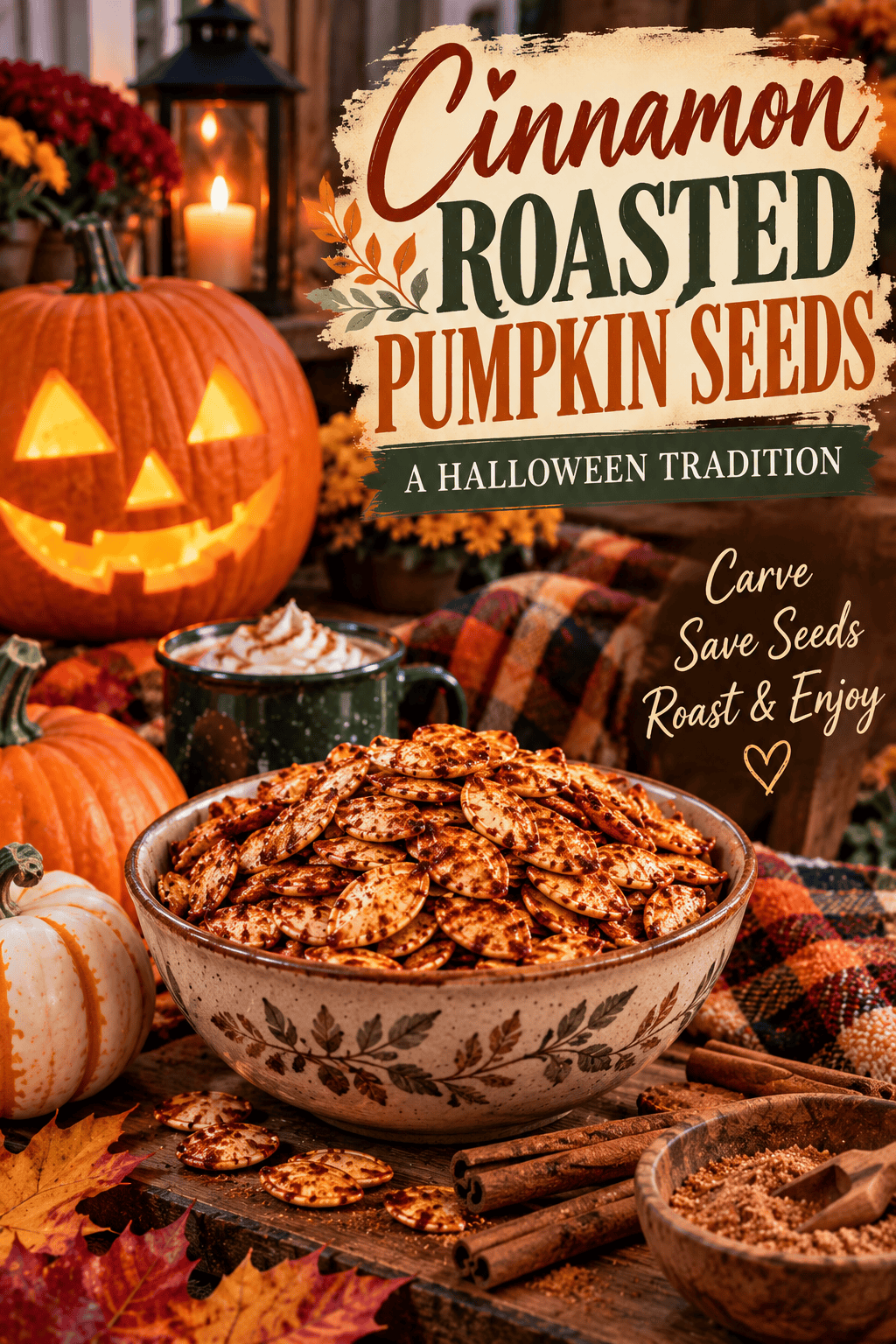 Cozy Halloween scene with cinnamon roasted pumpkin seeds, pumpkins, lantern and fall decorations.