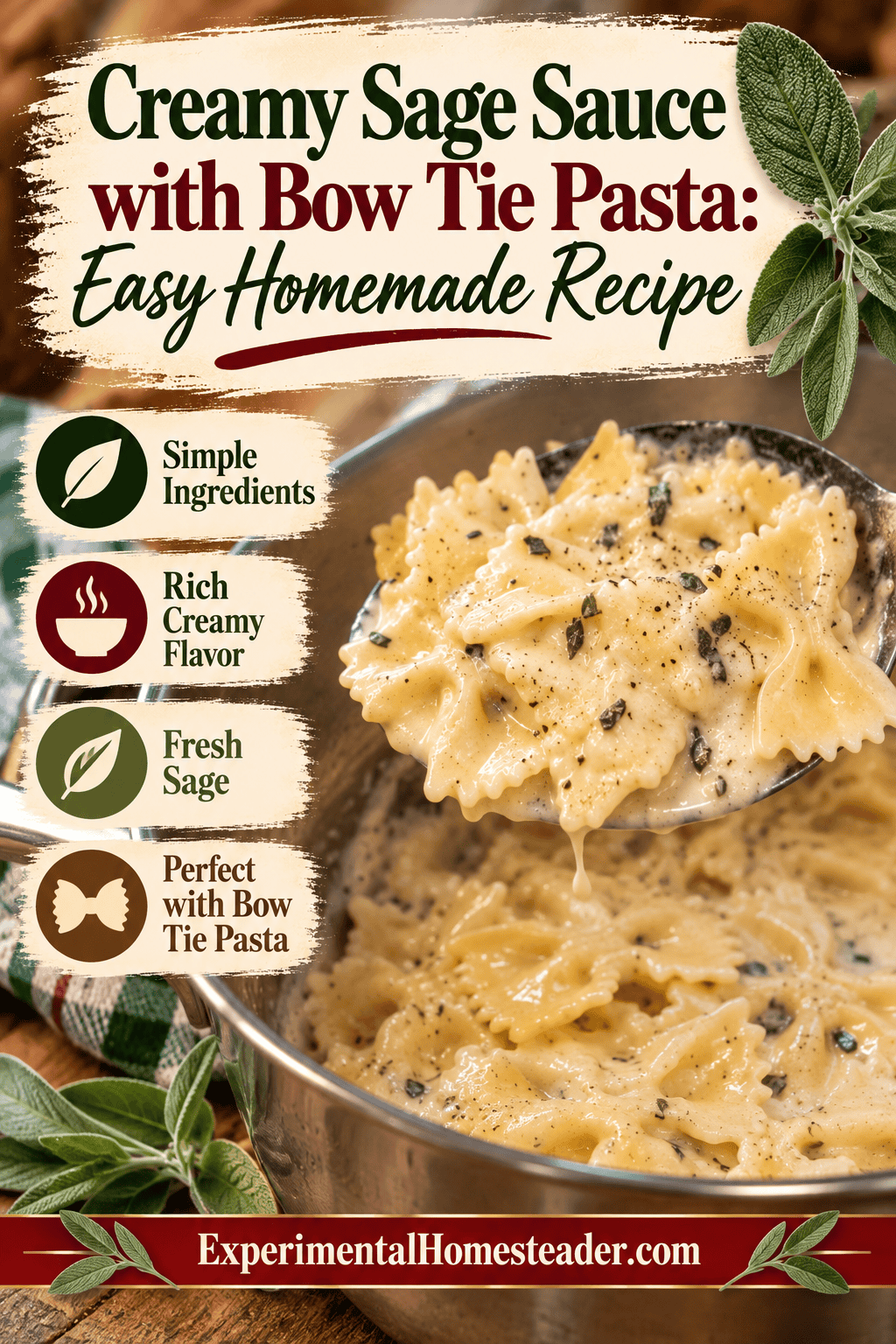 Creamy sage sauce with bow-tie pasta and tips for using dried garden sage