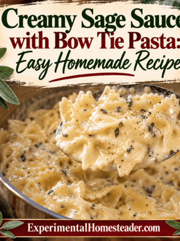 Creamy sage sauce with bow-tie pasta, made with butter, sage, heavy cream and Parmesan