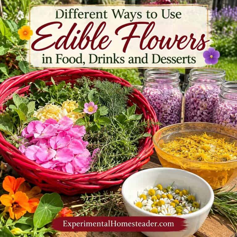 Edible flowers and herbs arranged for ideas using flowers in food, drinks and desserts
