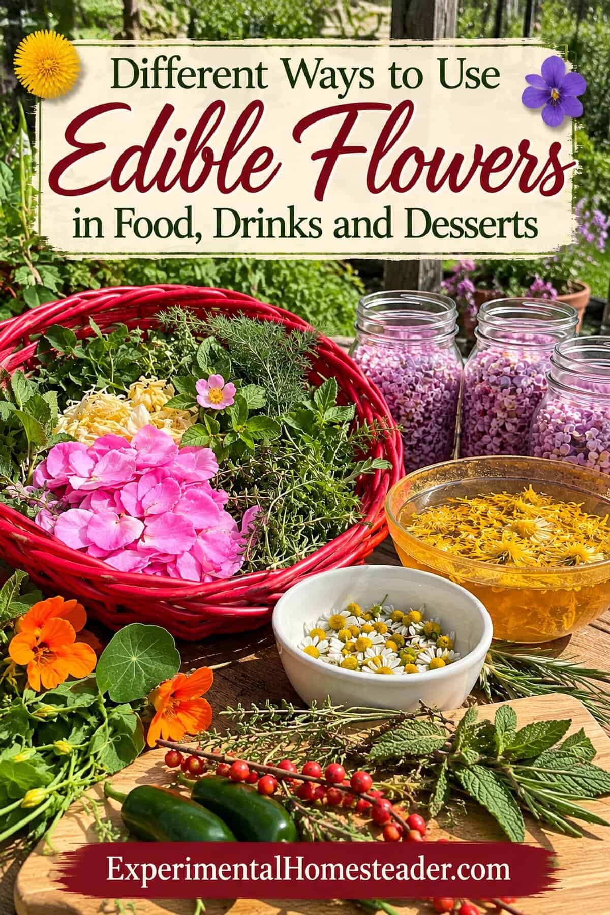 Pinterest guide showing different ways to use edible flowers in food, drinks and desserts