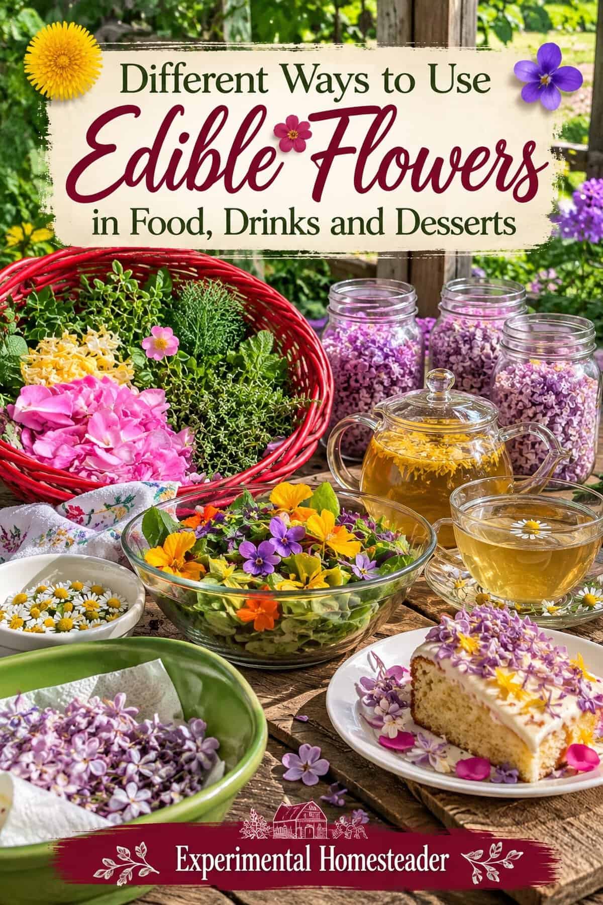 Lifestyle Pinterest graphic featuring desserts decorated with edible flowers and garden blossoms