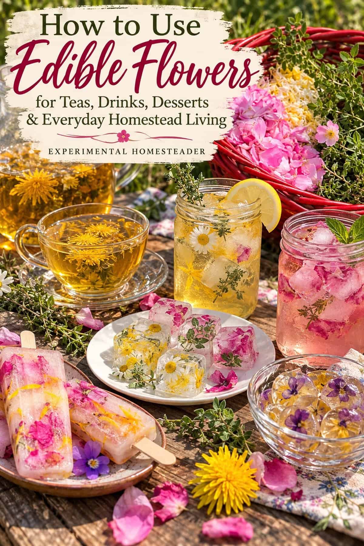 Pinterest lifestyle scene with edible flower ice cubes in drinks, floral popsicles and flower-inspired treats