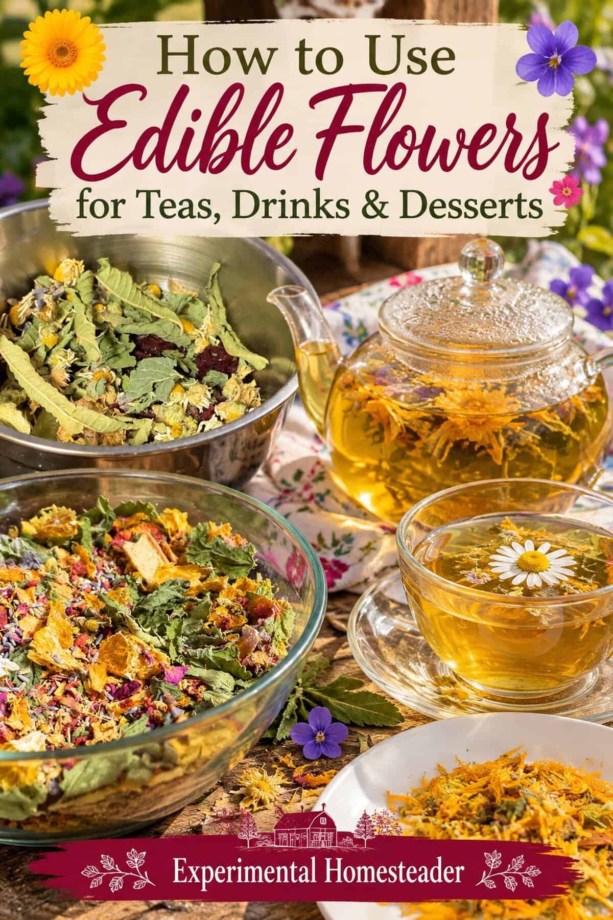 Curiosity Pinterest graphic featuring dried edible flowers and herbs for floral tea blends