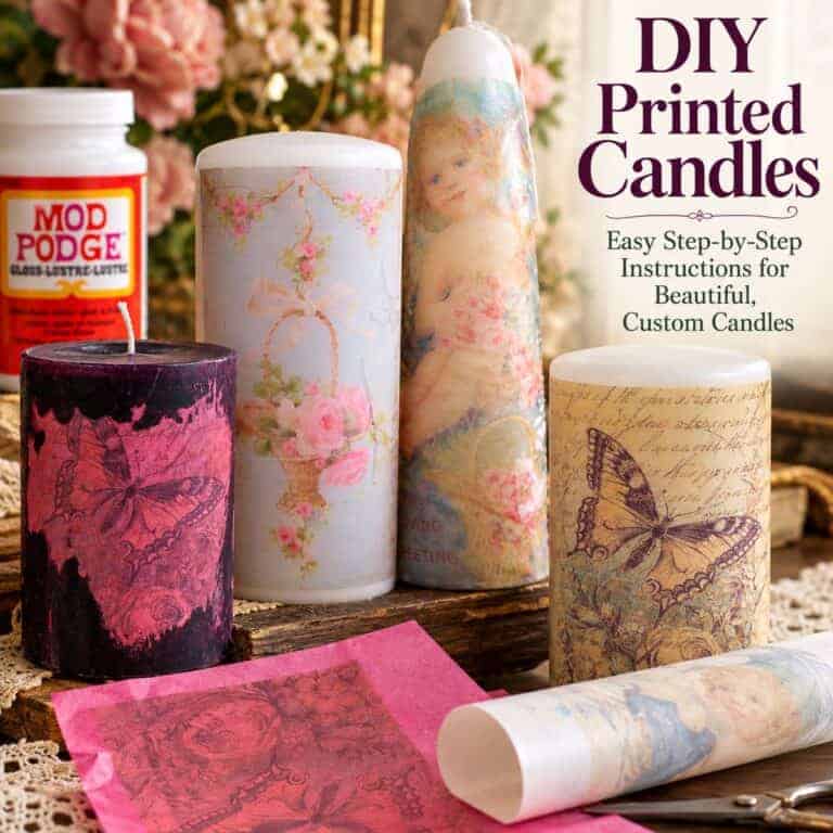 Decorative white pillar candles featuring vintage tissue paper printed artwork