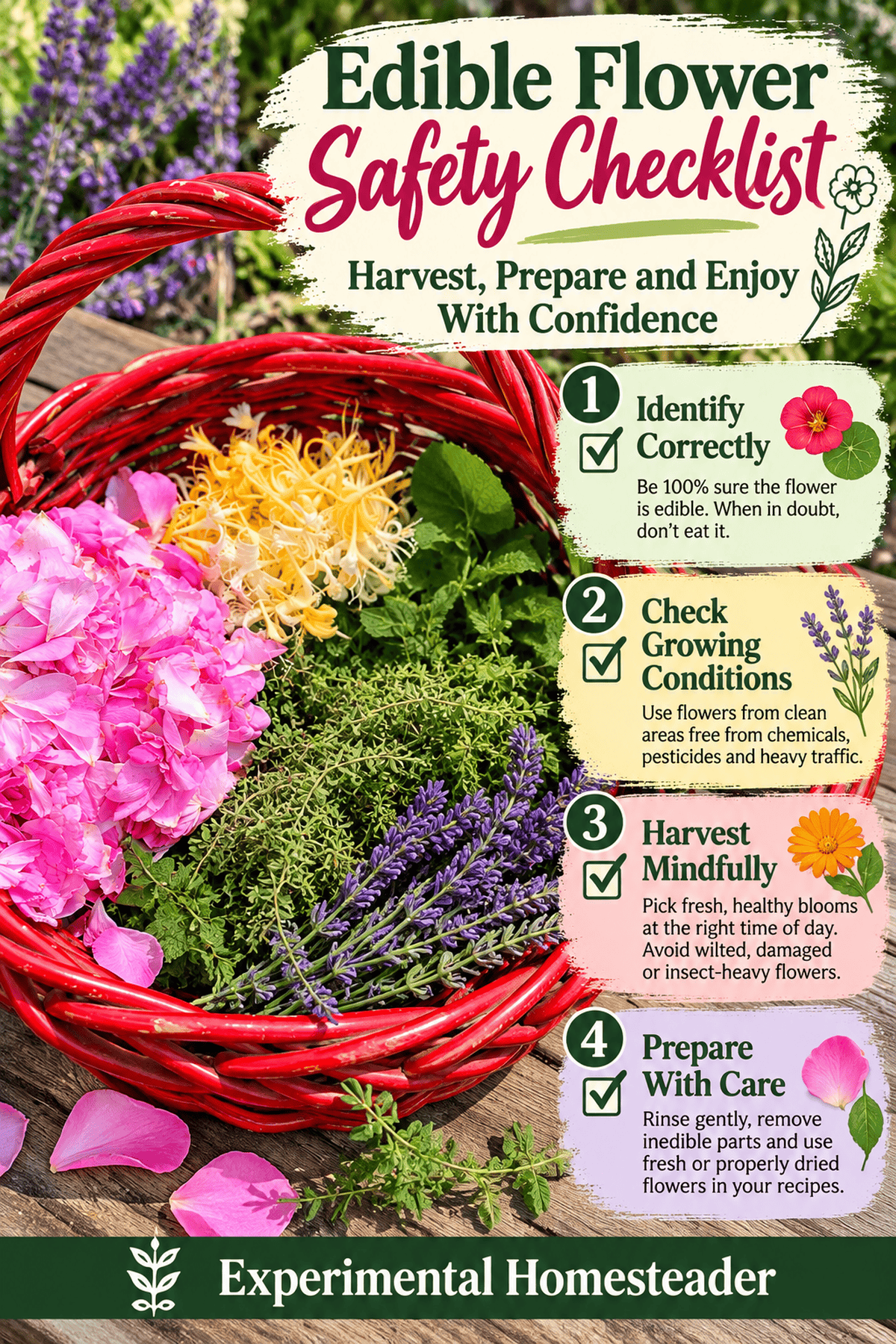 Edible flower safety checklist covering identification, growing conditions, harvesting and preparation.