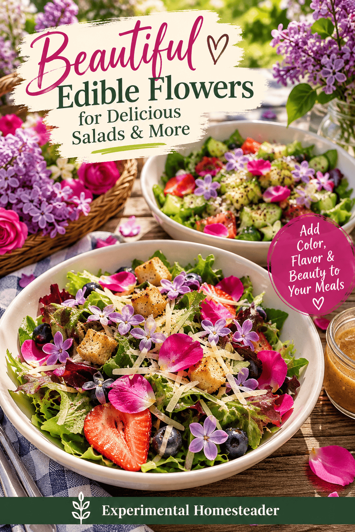 Two garden salads decorated with lilac blossoms and rose petals for an edible flower safety article.