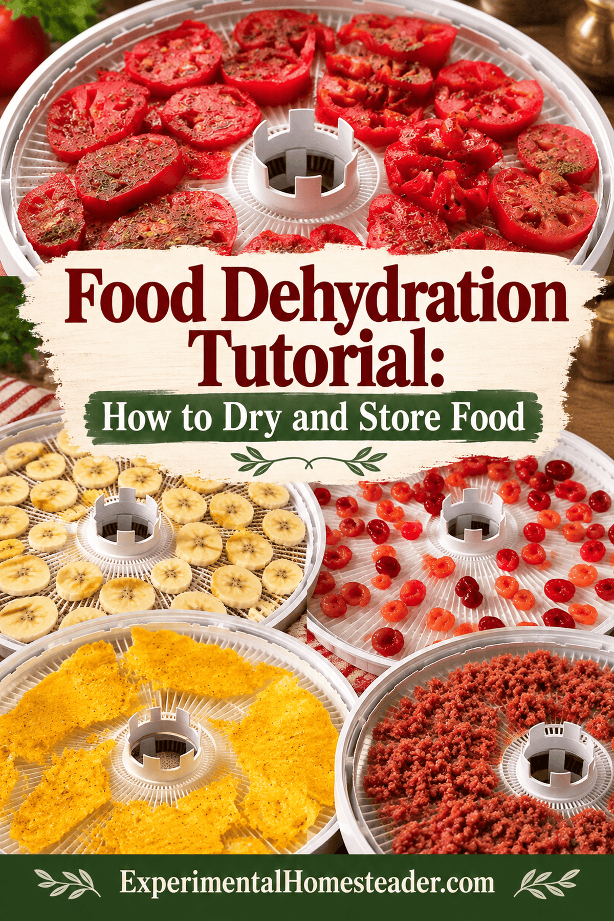 Pinterest answer pin explaining how to dry and store food with home dehydrator photographs.
