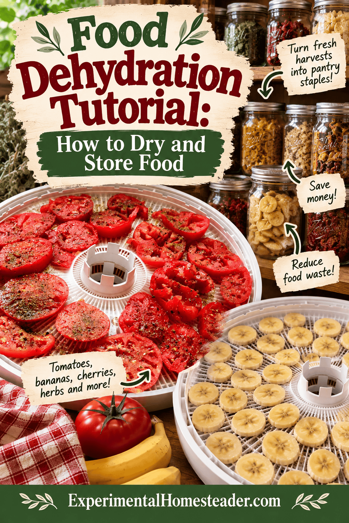 Pinterest curiosity graphic featuring homemade dehydrated foods and food storage tips.
