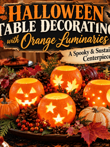 Halloween table centerpiece with glowing orange peel luminaries, pumpkins, autumn leaves, pinecones and natural decorations.