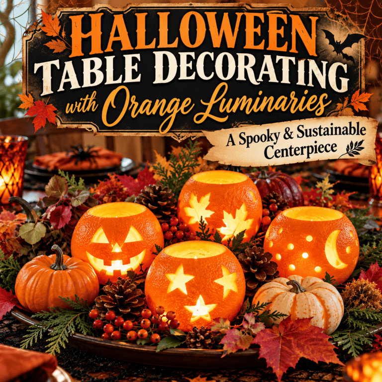 Halloween table centerpiece with glowing orange peel luminaries, pumpkins, autumn leaves, pinecones and natural decorations.