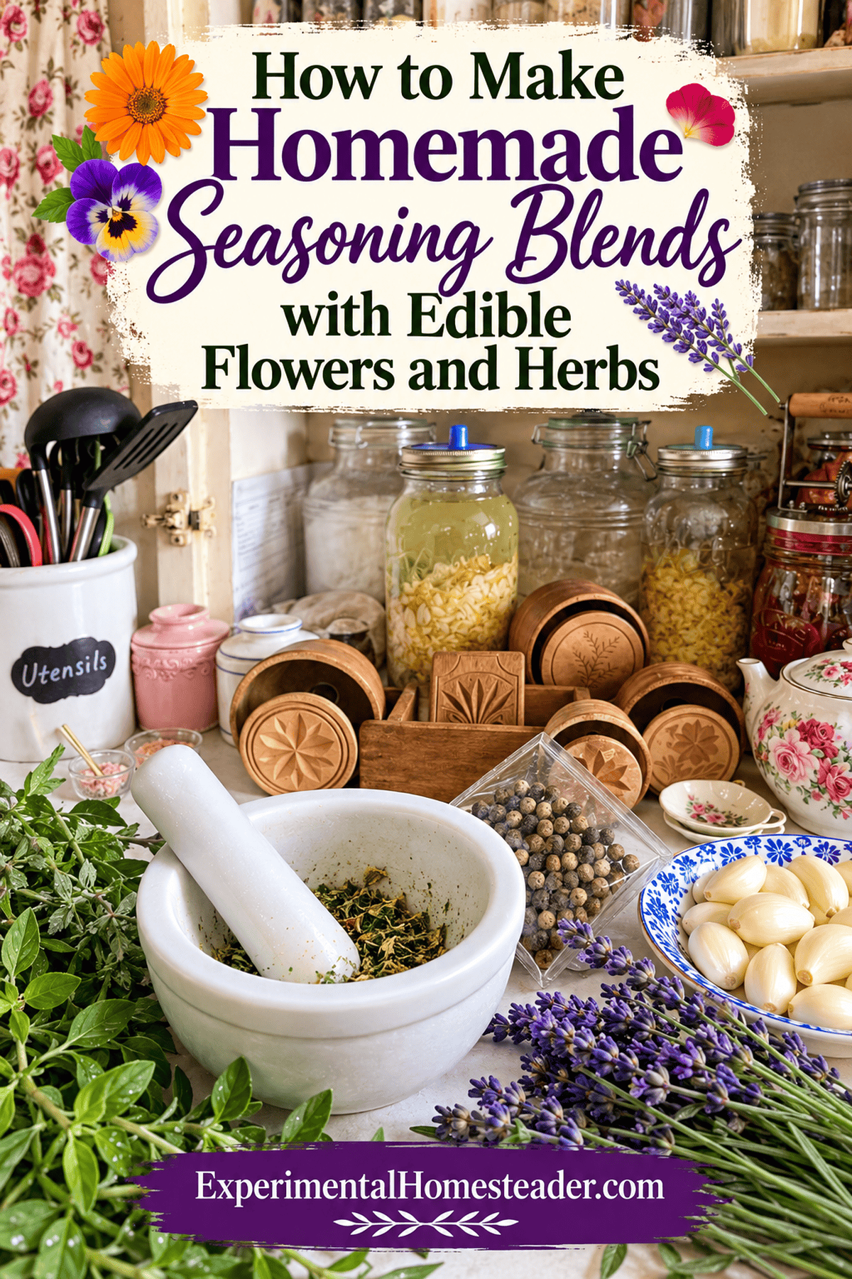 Lifestyle Pinterest pin featuring a cozy kitchen scene with homemade herbs and spices for seasoning blends.